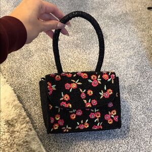 Black Beaded Floral Top-Handle Bag